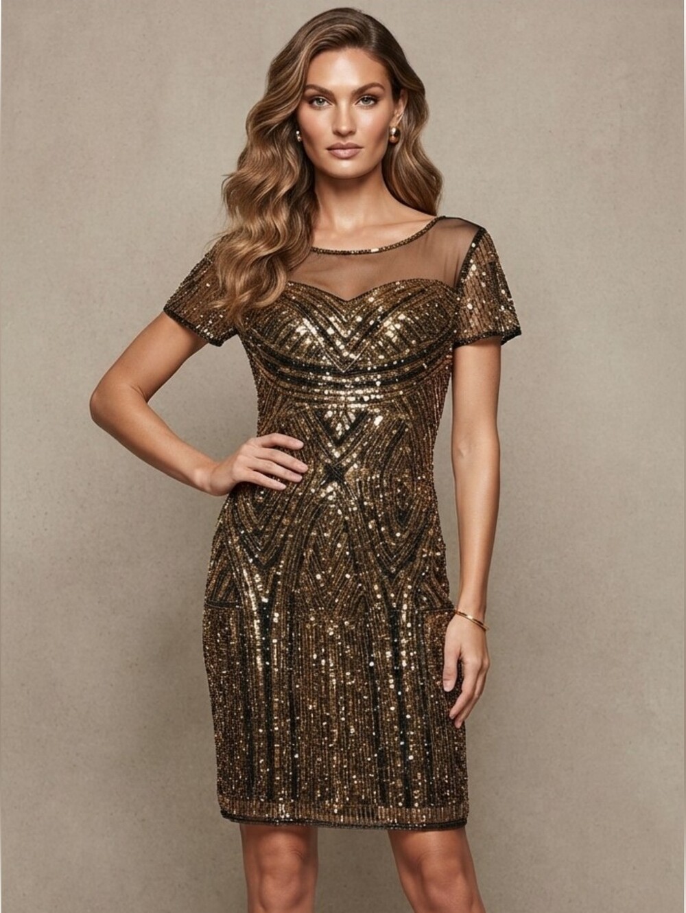 Women's Gold Beaded Mesh Yoke Short Sleeves Cocktail Dress Large